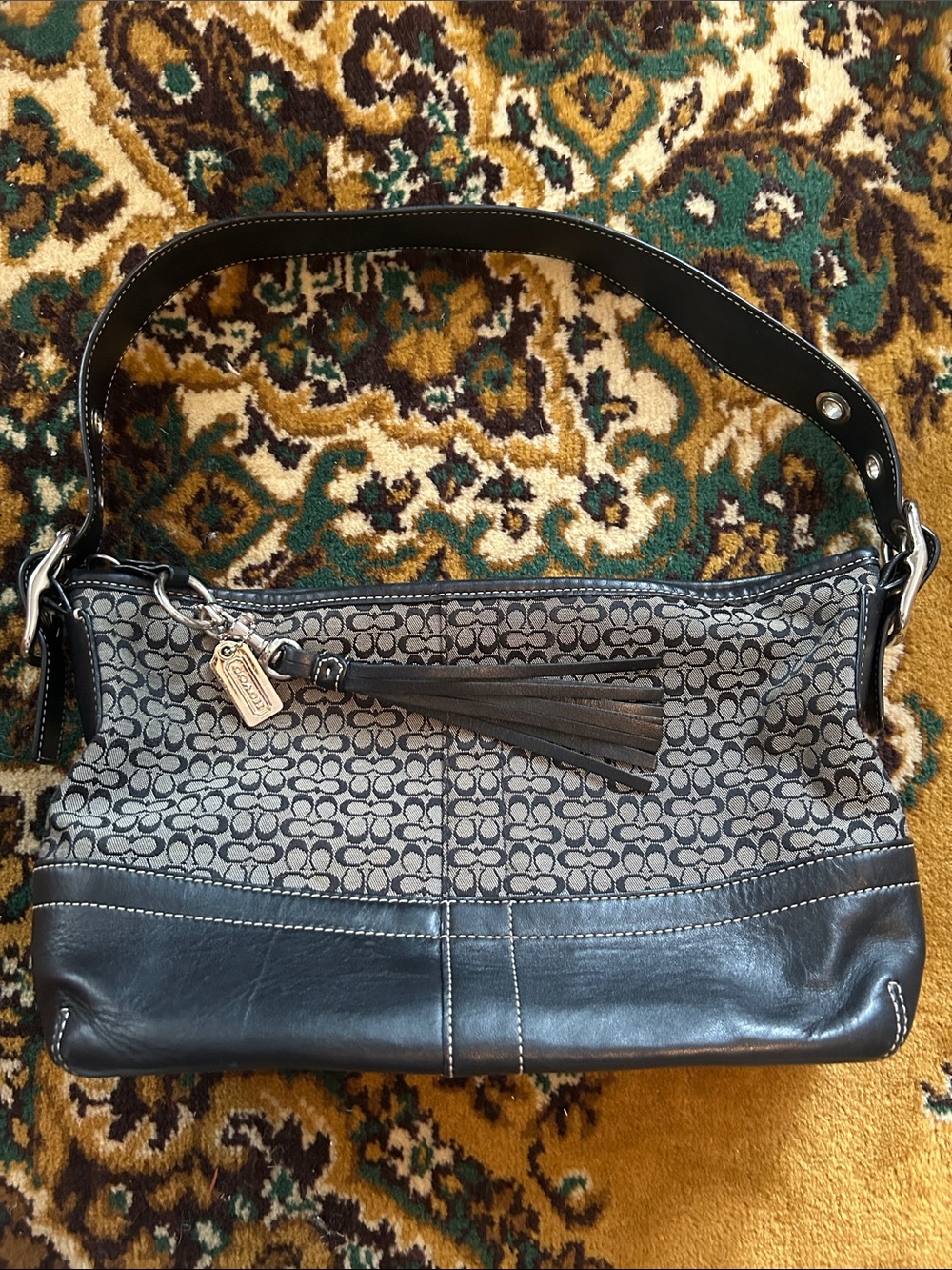 Vintage Y2K Coach Signature Jacquard and Leather Shoulder Bag in Gray/Black
